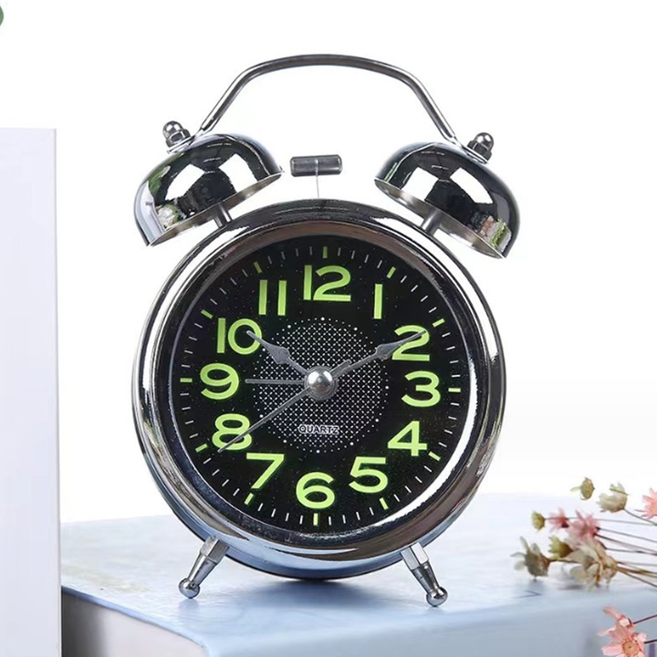 Fluoreszkáló számos fém ébresztőóra dupla csengővel és csendes szerkezettel 13 cm Metroman