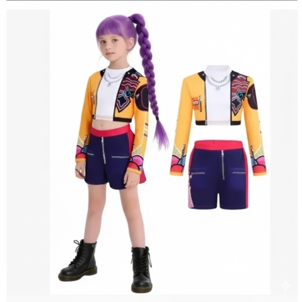 K-pop Demon Hunter Mira gyerek jelmez szett extra hosszú rózsaszín parókával