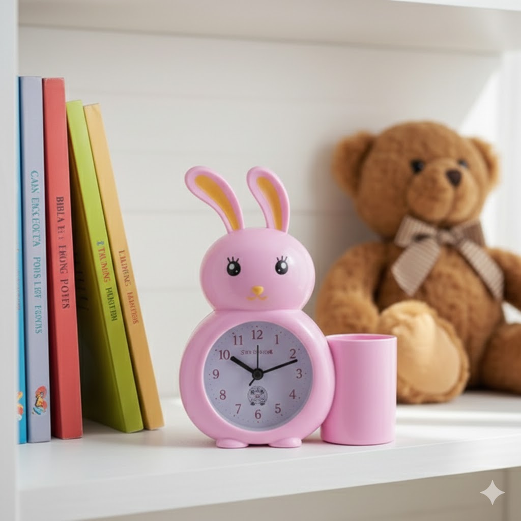 Nyuszis gyermek ébresztőóra tolltartóval rózsaszín kivitelben Torch