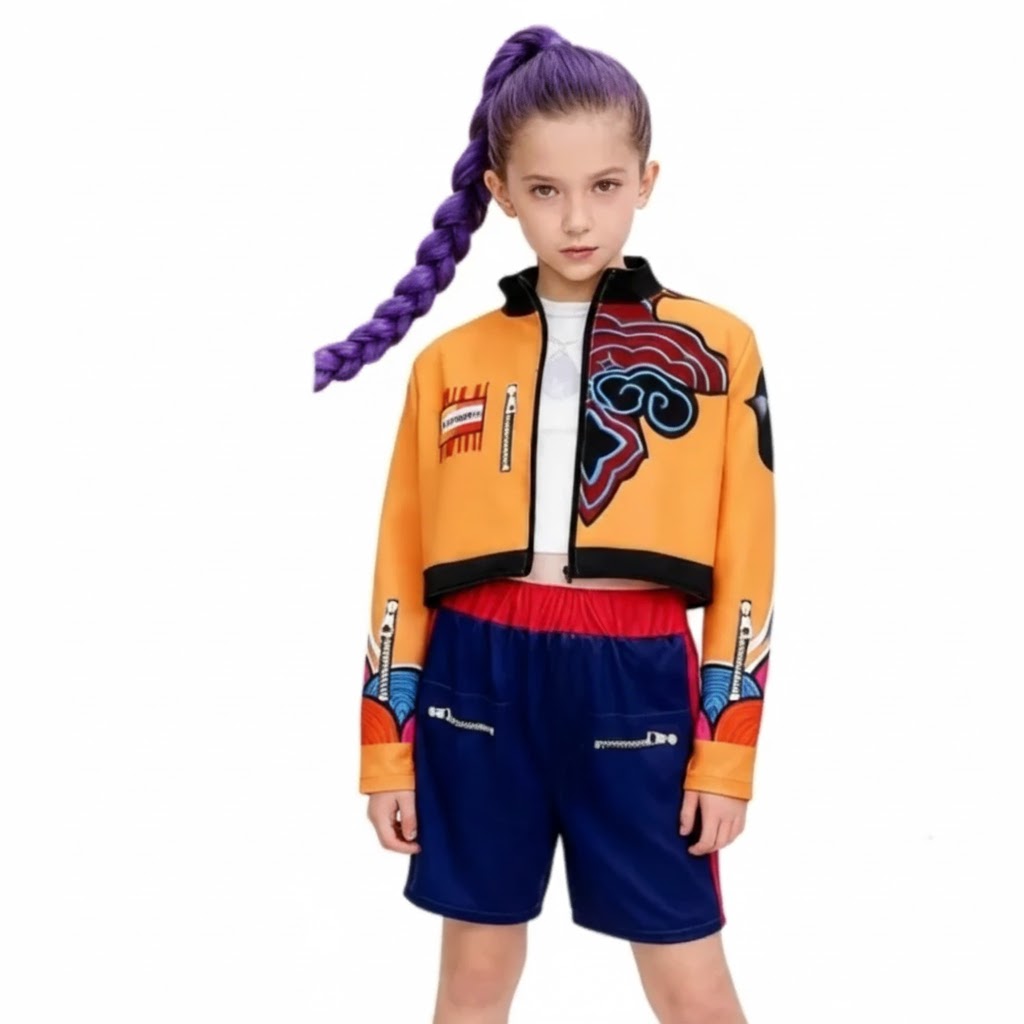 K-pop Demon Hunter Mira gyerek jelmez szett extra hosszú rózsaszín parókával