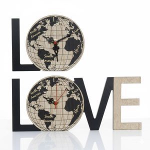 LOVE World Map Romantikus Világtérképes Analóg Asztali Óra, Kék-Szürke Dizájn