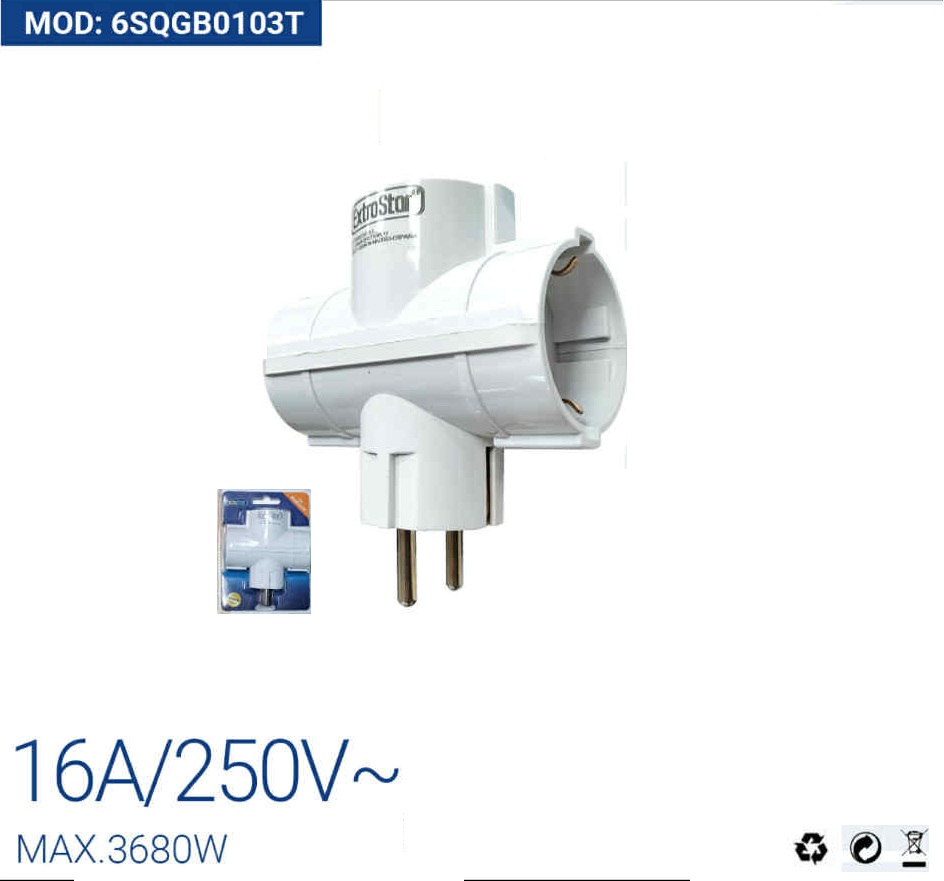 Hármas Hálózati T Elosztó Fehér (1-ből 3) 16A 250V 3680W IP20 beltéri fehér Extra Star - Image 2