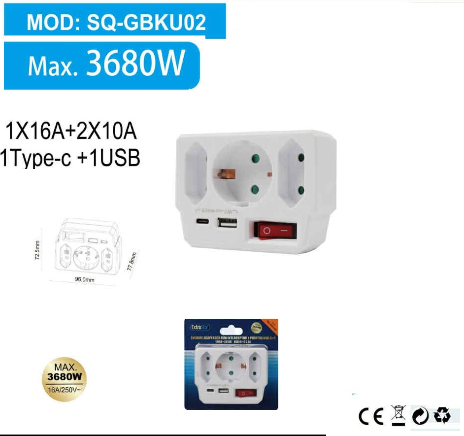 Modern 3-as elosztó adapter 1x16A 2x10A 3680W USB+Type-C kapcsolóval IP20 beltéri Extra Star - Image 2