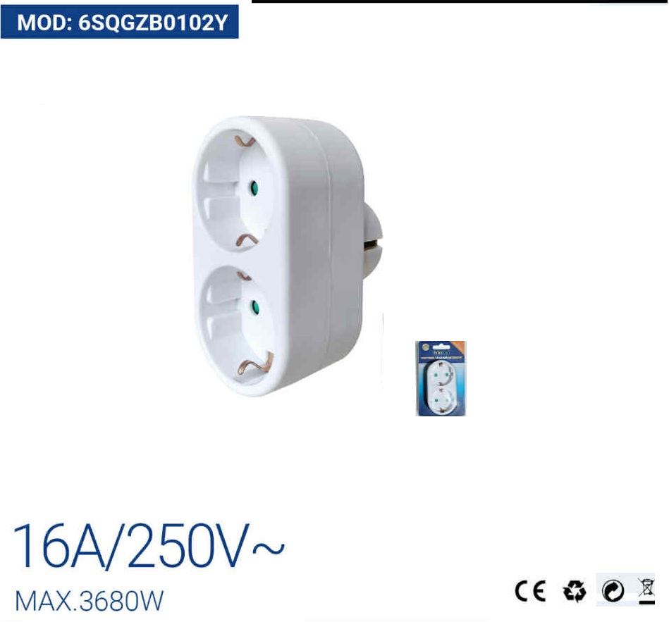 Kettes hálózati elosztó adapter (1-ből 2) 16A 250V 3680W IP20 beltéri fehér Extra Star - Image 2
