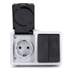 Vízálló falon kívüli kombinált egység: konnektor csapófedéllel és dupla kapcsoló IP44 szürke-fekete Aigostar